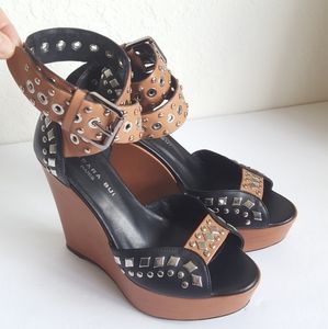Barbara Bui Paris Studded Ankle Strap Wedge Platform 💟 Leather NUDE SIENNA